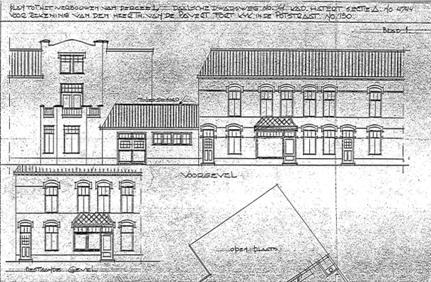 Architect Van Eldik voert de verbouwing uit voor rekening van Th. Van de Pavert, Fort Kijk in de Potstraat No. 130. De tekening dateert van 2-3-1932.