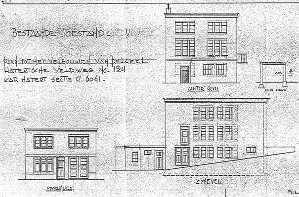 n 1932 ontwerpt architect van Eldik de verbouwing van de Vereenigde Chemische Fabrieken in 2 winkelpanden: bestaande toestand