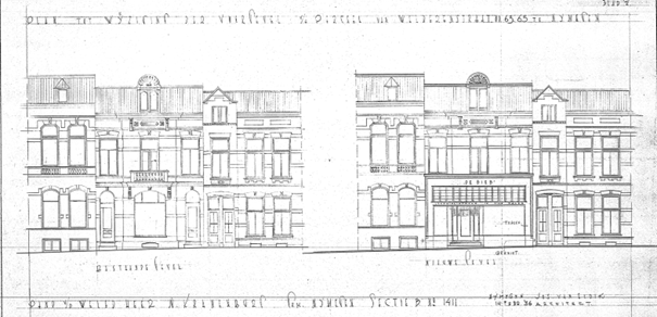 Verbouwing tot Bieb van Welderenstraat 63, 14 februari 1936: Bestaande gevel en nieuw ontwerp, architect van Eldik