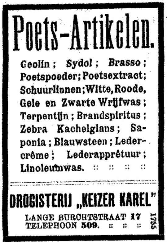 Advertentie Poetsartikelen Drogisterij Keizer Karel (De Gelderlander 6/3/1908)