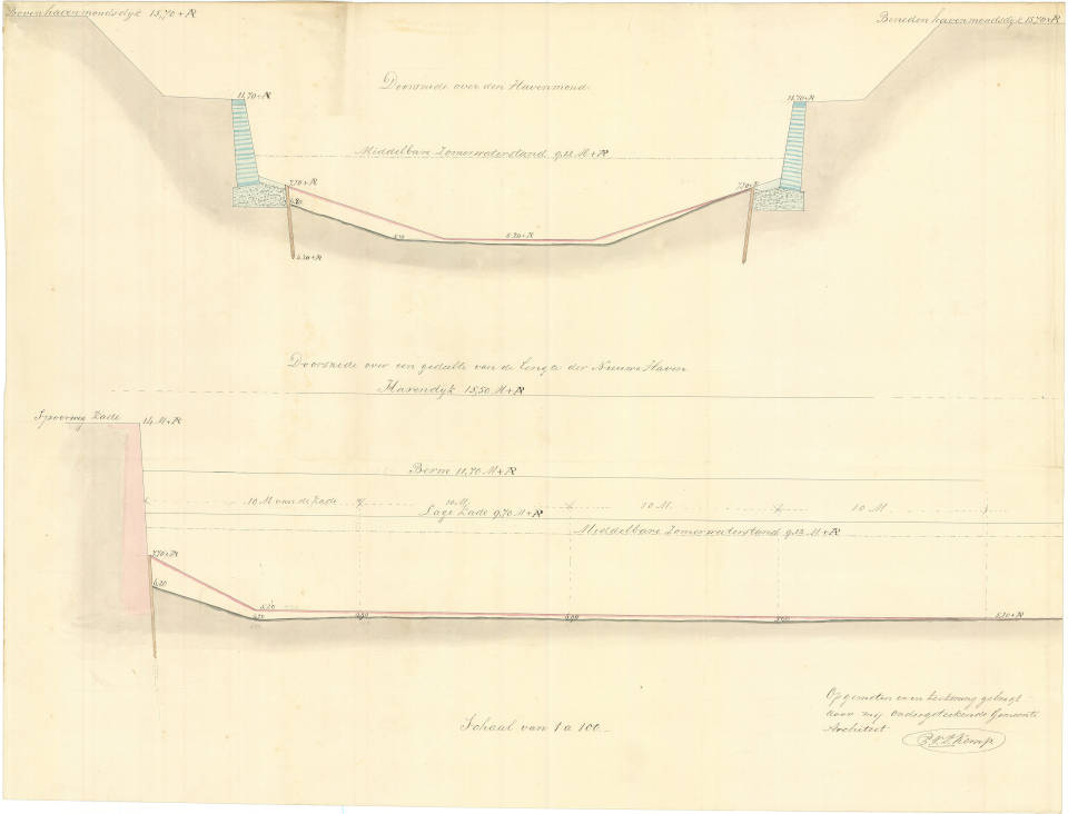 Doorsnede over den Havenmond/Gemeente architect Kemp ; Del [1852-1853] / Doorsnede over een gedeelte van de lengte der Nieuwe Haven / Opgemeten en in teekening gebragt | door mij ondergeteekende Gemeente | Architect …Kemp (RAN)