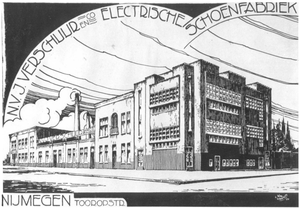 N.V. J. Verschuur Co Electrische schoenfabriek, ong 1930 (een cliche naar een pentekening van Wim van Woerkom via RAN)