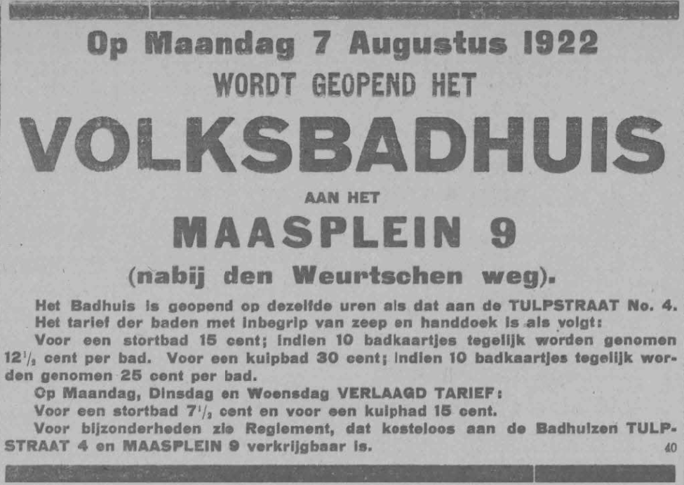 Advertentie opening Badhuis Maasplein (PGNC 3/8/1922)