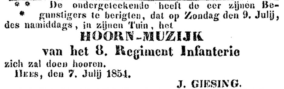 Advertentie Heeslust voor Hoorn-muziek (PGNC 8/7/1854)