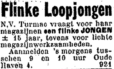 Personeelsadvertentie Turmac voor "Flinke Loopjongen", Oude Haven 4 (De Gelderlander 2/1/1931)