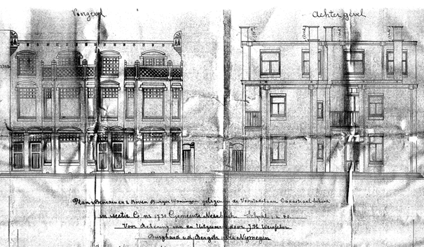Plan 2 Beneden en 2 Boven Burger woningen gelegen aan de Voorstadslaan Cadastraal bekend in sectie C no. 1730 Gemeente Neerbosch … Voor rekening van en uitgevoerd door J. Th. Weisscher, Burghardt v.d. Bergstr 143 (BOUWEN 2 BENEDEN- EN 2 BOVENWONINGEN (14-10-1910)  D12.381886)