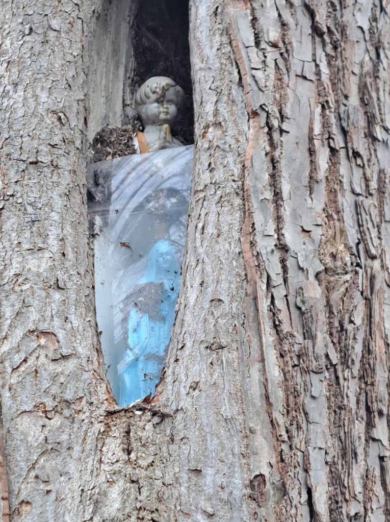 Een engeltje? en een Maria beeldje in een spleet van 1 van de Vier Apostelen (december 2024)