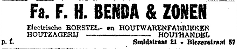 Nieuwjaarsdvertentie Firma F.H. Benda & Zonen, Borstel- en Houtwarenfabriek, Houtzagerij Houthandel (De Gelderlander 31/12/1931)