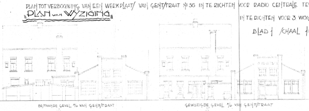 Plan tot verbouwing van een werkplaats van Gentstraat no 56 in te richten voor Radio Centrale tevens de bestaande woningen Sweersstraat No 27 & 31 in ter richten voor 3 woningen met de hoofdingang der benedenwoning aan de van Gentstraat ontwerp Meerman en van der Pijll