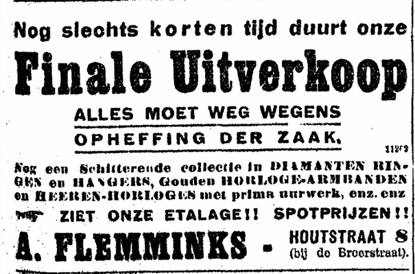 Advertentie Uitverkoop juwelier Flemminks (De Gelderlander 18/11/1921)