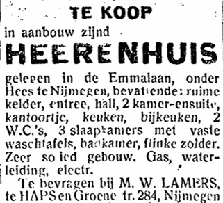 Op 11-2-1933 plaatst Lamers de advertentie voor het in aanbouw zijnd Heerenhuis gelegen in de Emmastraat