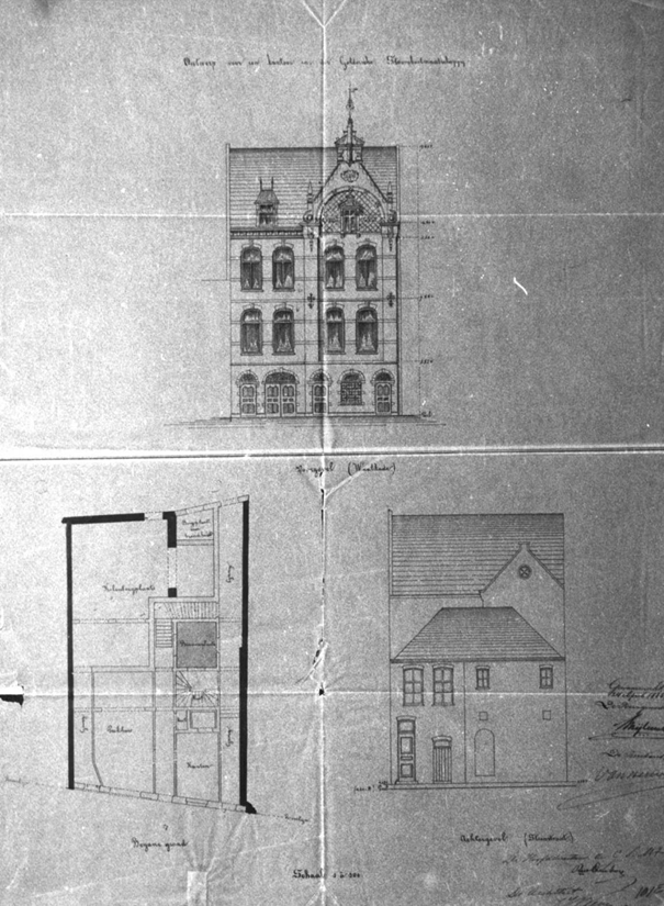 Een bouwtekening van de voor- en achtergevel van de Geldersche Stoombootmaatschappij, ontworpen door ir. Jan Jacob Weve., 1885 (F1716 RAN)
