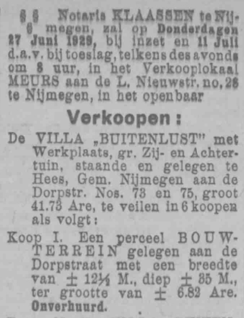 Aankondiging veiling Villa Buitenlust (PGNC 15/6/1929 geknipt, deel 1)