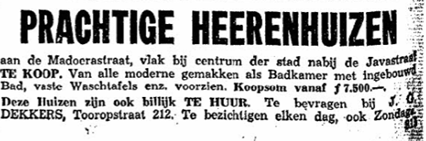 Advertentie: de 12 woningen aan de Madoerastraat staan te koop (De Gelderlander 8/9/1934)