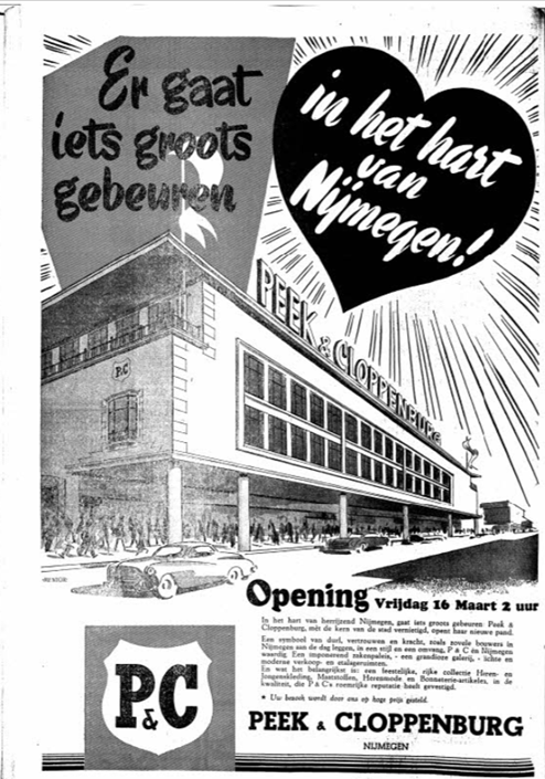 Advertentie Peek en Cloppenburg voor de opening (De Gelderlander 15/3/1951)