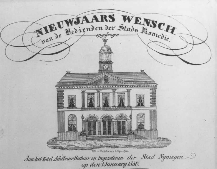 nieuwjaarswens schouwburg 1851 architect van der Kemp tekening F16876