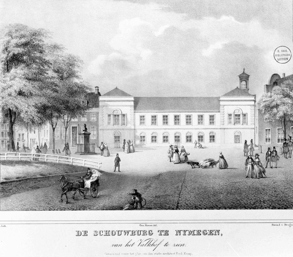 De Schouwburg te Nijmegen, van het Valkhof gezien. architect van der Kemp. Links onder: M. Mourot, lith. Midden onder: Gen. Howen (Otto Howen 9-3-1774 - 25-5-1848) del. Rechts onder: Steendruk van Desguerrois en Co., 1850 (GN1530 RAN)