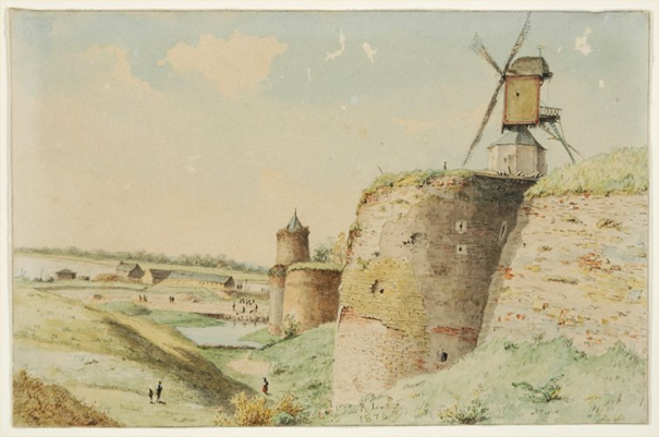 St. Jacobsmolen op de St. Jacobstoren; signatuur, annotatie, R.L. 1876, Vesting slopen aan de Heesepoort gezigt op de walmolen en Kronenburger toorn R. Lauwerier 1878, Valkhofmuseum via C.XV.B.23 Collectie Gelderland