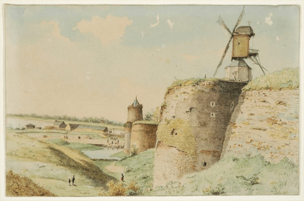 St. Jacobsmolen op de St. Jacobstoren; signatuur, annotatie, R.L. 1876, Vesting slopen aan de Heesepoort gezigt op de walmolen en Kronenburger toorn R. Lauwerier 1878, Valkhofmuseum via C.XV.B.23 Collectie Gelderland