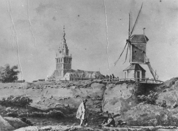 De St. Stevenskerk en de stadswal met de Polmolen Sans Souci (de St. Jacobsmolen) op de St. Jacobstoren; een aquarel van Rudolphus Lauwerier, 1881, F53231 RAN
De St. Stevenskerk en de stadswal met de Polmolen Sans Souci (de St. Jacobsmolen) op de St. Jacobstoren; een aquarel van Rudolphus Lauwerier, 1881, (F53231 RAN)