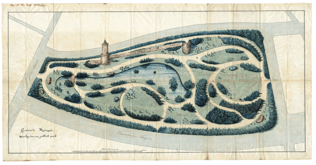 Plan voor de aanleg van het Kronenburgerpark Schaalaanduiding en schaalstok onder links van het midden Linksboven buiten het kader de vermelding: Bijlage 10 Januari 1881 No.: 113, Kw, Liévin Rosseels, 1881 (KPU-290 RAN)