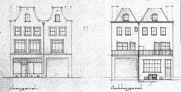 Plan voor winkel met bovenwoningen voor de Fa. J. v/d Hoven a/d Burcht, architect G.B. Treur, datum tekening 9-11-1949 (D12.410290)
