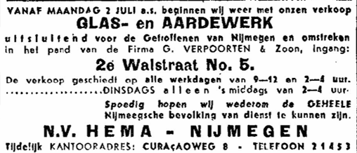 Advertentie De Gelderlander 30/6/1945: Hema in 2e Walstraat
Advertentie De Gelderlander 30/6/1945: Hema in 2e Walstraat