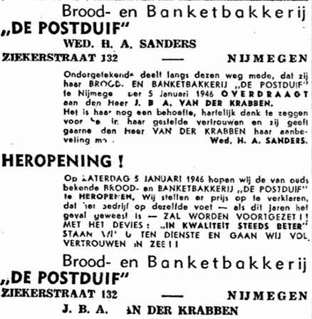 Overdracht De Postduif aan J.B.A. v.d. Krabben, De Gelderlander 3/1/1946