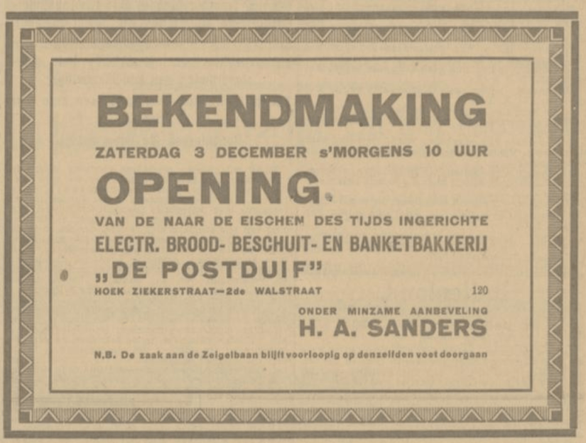 Advertentie opening bakkerij de Postduif (1-12-1927)