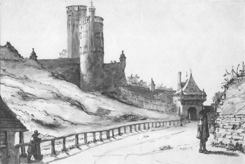 Belvédère en de Hunnerpoort: Een gewassen pentekening van Lambert Doomer (1622-1700) van de Belvédère en de Hunnerpoort (Hoenderpoort) (1461-1466 en gesloopt in 1882), 1665