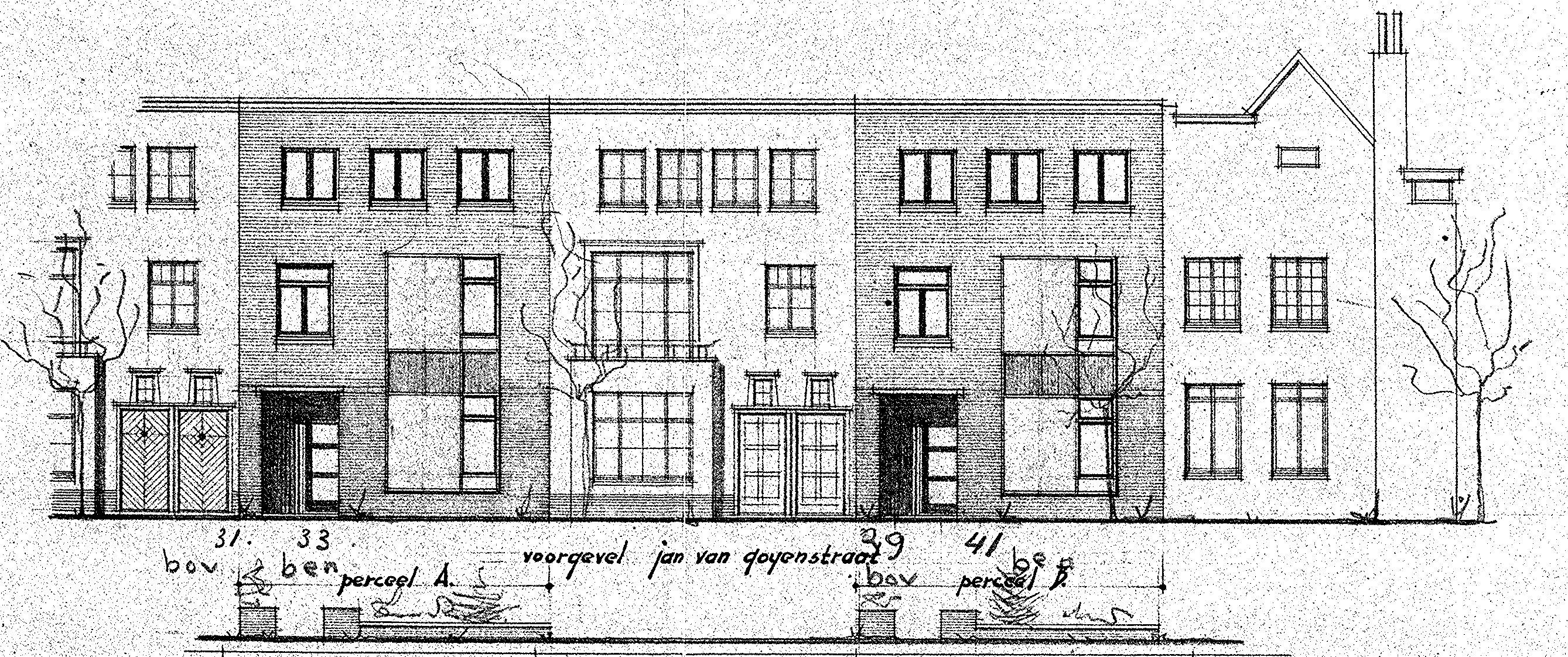 Plan voor de Bouw van 2 x 2 woningen aan de Jan van Goyenstraat te Nijmegen voor Fa. Gebr. Dekkers, Tooropstraat 21, Nijmegen, datum tekening: juli 1954, arch. A. van der Kloot b.n.a. (D12.422657)