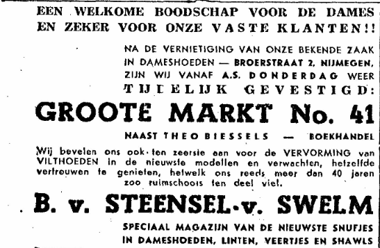 De Gelderlander 12/12/1945 Advertentie tijdelijke huisvesting op de Groote Markt