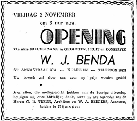 De Gelderlander 2/11/1950 Advertentie waarin J. Benda architect Treur, aannemer Seegers en iedereen die aan de bouw heeft meegewerkt bedankt 