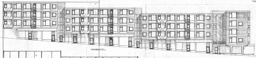 Plan voor 12 winkels en 39 flatwoningen aan de Stikke Hezelstraat te Nijmegen, datum tekening 7-8-1954 (D12.419556)
