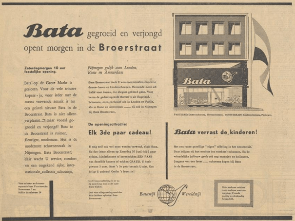 Advertentie opening Bata op de Broerstraat, Nijmeegsch dagblad, 29-06-1956
