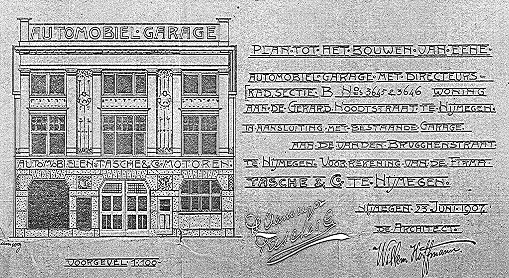 Plan tot het bouwen van eene automobiel garage met directeurswoning, Kad Sectie B Nos 3645 & 3646 aan de Gerard Noodtstraat te Nijmegen in aansluiting met bestaande garage aan de Van den Brugghenstraat te Nijmegen voor rekening van de Firma Tasche & Co. te Nijmegen, architect Willem Hoffmann, datum tekening 23-6-1907 (D12.379525)