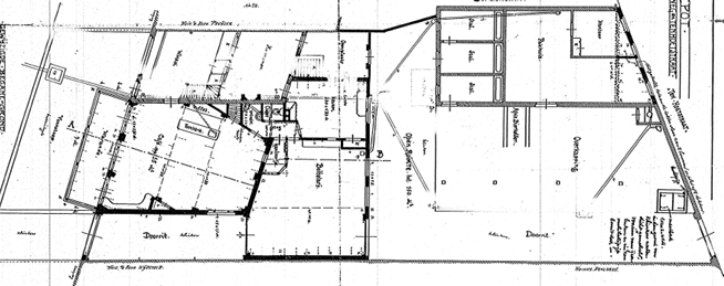 Ontwerp v/d verbouwing v/m Depot der Brouwerij de Phoenix a/d Berg en Dalsche weg en Ten Hoetstraat, links is de Berg en Dalseweg, rechts de Ten Hoetstraat, datum tekening augustus 1910 (D12.381044)