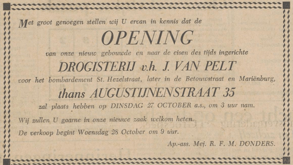 Advertentie opening het Gouden Hert op de Augustijnenstraat 35 (Nijmeegsch dagblad 24/10/1953)