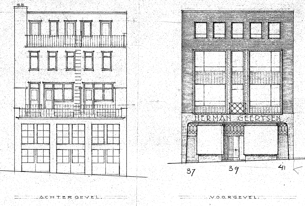 Eigenaar: (Herm. Geertsen doorgehaald en vervolgens handgeschreven:) Laarman Radio-techn. Bureau Stikke Hezelstraat 4, Winkel-Werkplaats-Magazijn-Garage-Woning en Aparte Bovenwoning a/dd Augustijnenstraat, architect B.J. Meerman, mei 1951 (D12.413127)