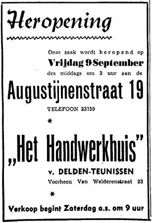 Advertentie heropening Het Handwerkhuis (De Gelderlander 8/9/1955)