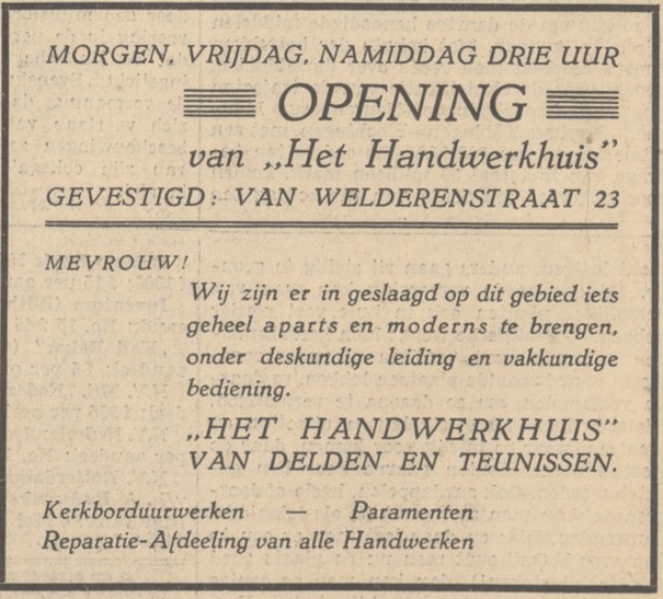 Opening Het Handwerkhuis aan de Van Welderenstraat 23 (PGNC 4/5/1933)