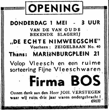 Opening noodwinkel slagerij Firma Bos (De Gelderlander 30/4/1947)