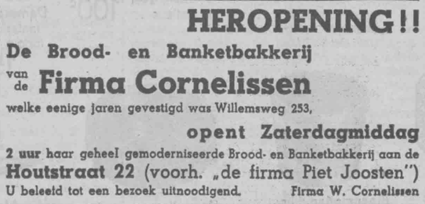 Heropening Brood- en Banketbakkerij Cornelissen op de Houtstraat 22 (PGNC 29/11/1940)