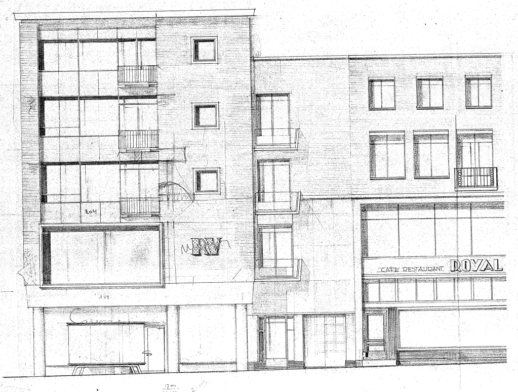 Plan Herbouw van 3 winkels en 6 woningen a/d Augustijnenstraat Hoek Plein ’44 voor Mevr. W.J.M. de Mandt-Wennekes te Nijmegen (als opdrachtgeefster staat mevr P.A. de Mandt-Wennekes; de tekening is ondertekend met W. de Mandt Wennekes, architect Rodenburg, getekend 26-4-1955 (D12.420754)