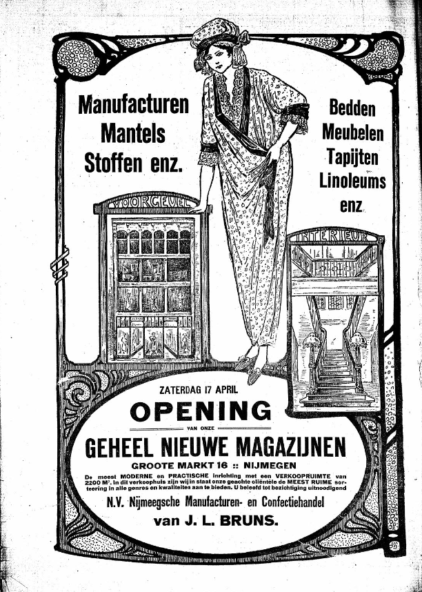 Pagina grote advertentie van N.V. Nijmeegsche Manufacturen- en Confectiehandel van J.L. Bruns op de Grote Markt 16 (De Gelderlander 16/4/1915)