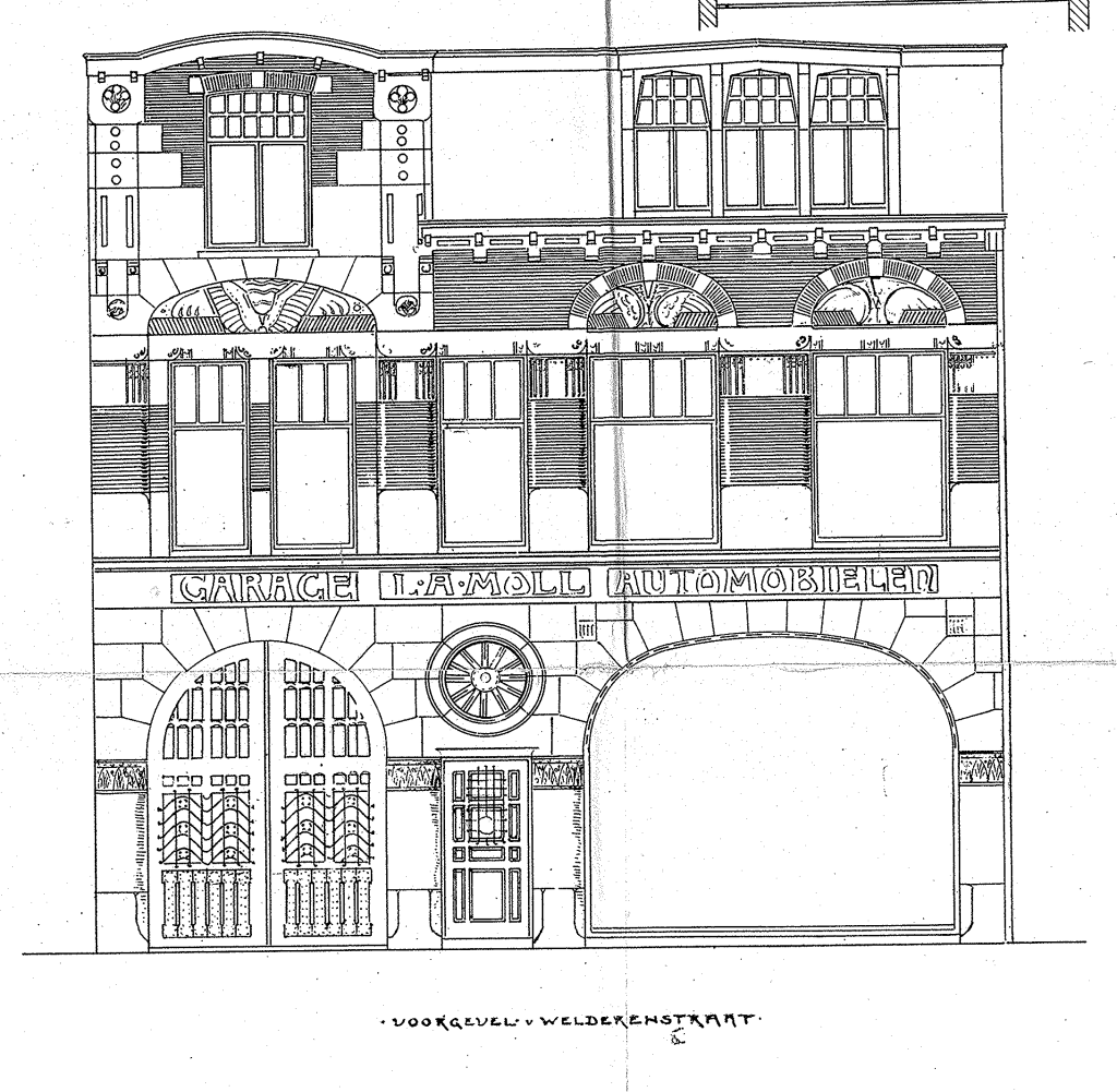 Het maken van een Automobiel-garage voor rekening v./d. WelEd. Heer L.A. Moll van Welderenstraat No 100 en 102 2e Walstraat 107, 109 en 111 (Sectie B No. 847 en 846 No. 1078, 1079 en 1080), datum tekening februari 1907 (D12.379674) 