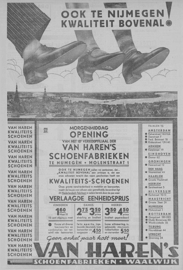 Paginagrote Openingsadvertentie van Haren’s Schoenfabrieken Nijmegen (PGNC 24/3/1933 en De Gelderlander 24/3/1933)