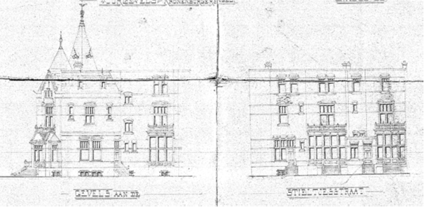 De kant van de Stieltjesstraat: Ontwerp voor vier Heerenhuizen aan de Kronenburgersingel en Stieltjesstraat te Nijmegen, De Architecten v.d. Pluijm en Gielen, Datum tekening Dec 1898 (D12.377831)