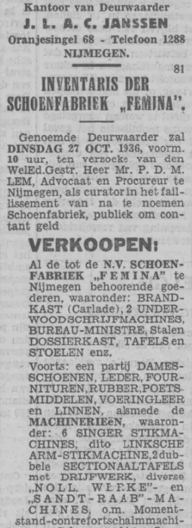 Advertentie veiling Inventaris Schoenfabriek Femina, geknipt (PGNC 17/10/1936)