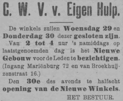 Aankondiging opening Eigen Hulp (PGNC 29/9/1909) Mariënburg 71-72-74 en Tweede Walstraat 1-3